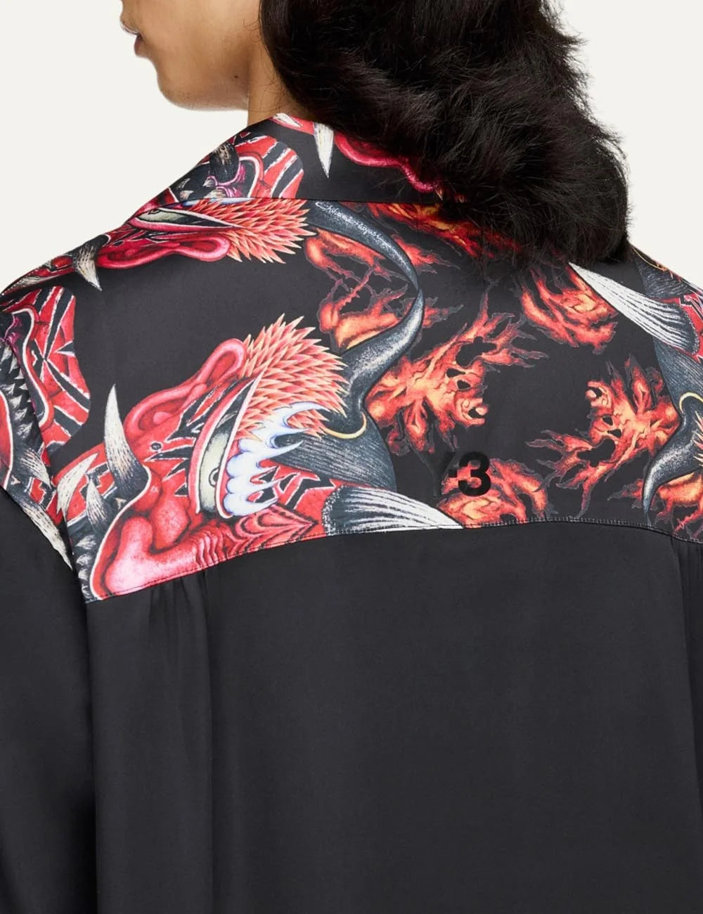 Y-3 men's multicolor satin long sleeve shirt with all-over graphic prin back detail