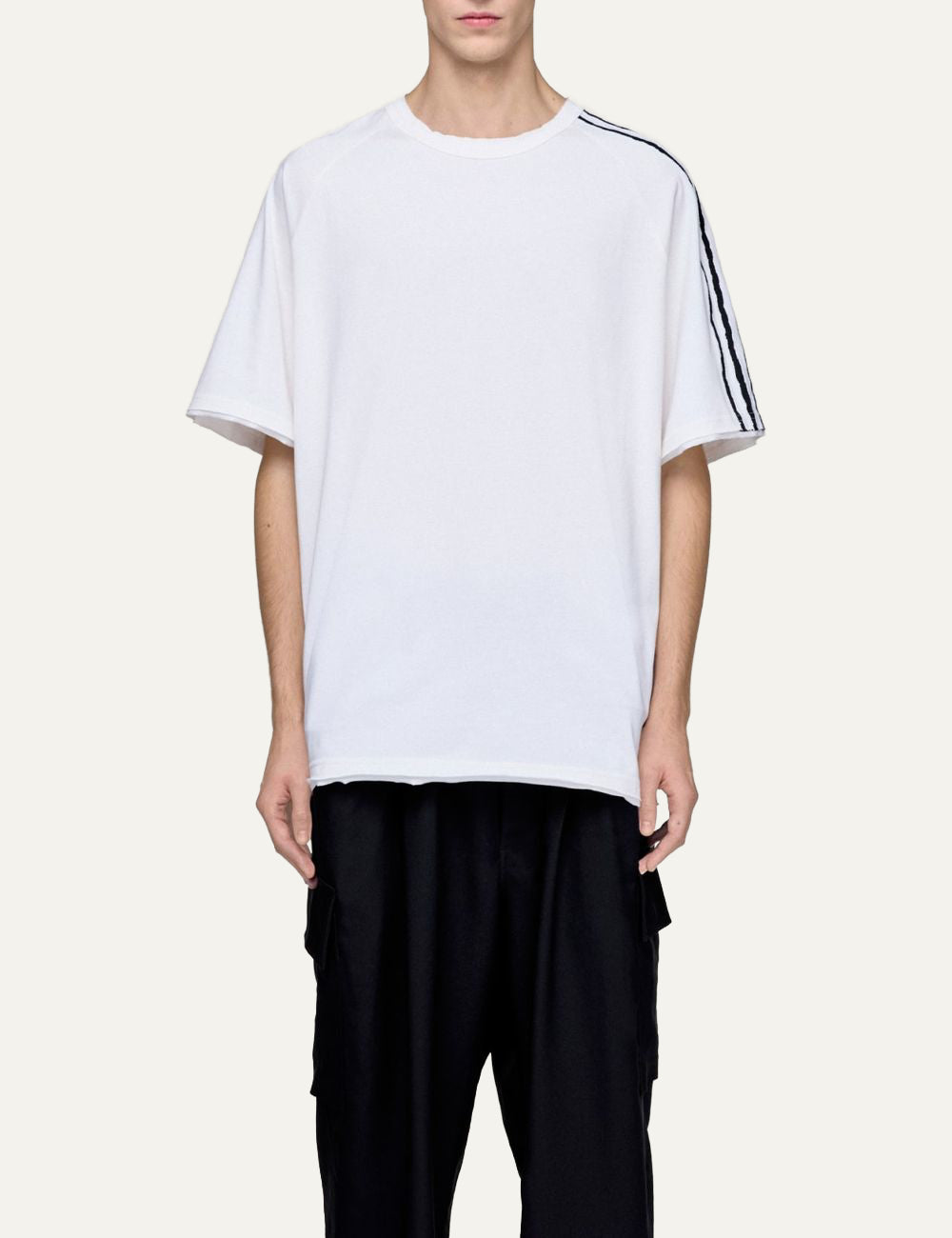 Y-3 t-shirt white model wearing relaxed fit avant-garde look