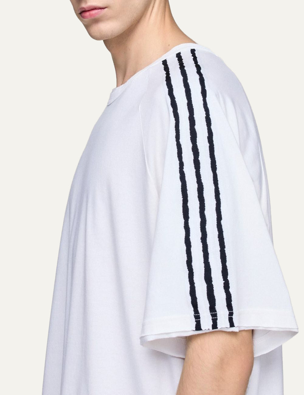 Adidas three stripes sleeve Y-3 white t-shirt close up