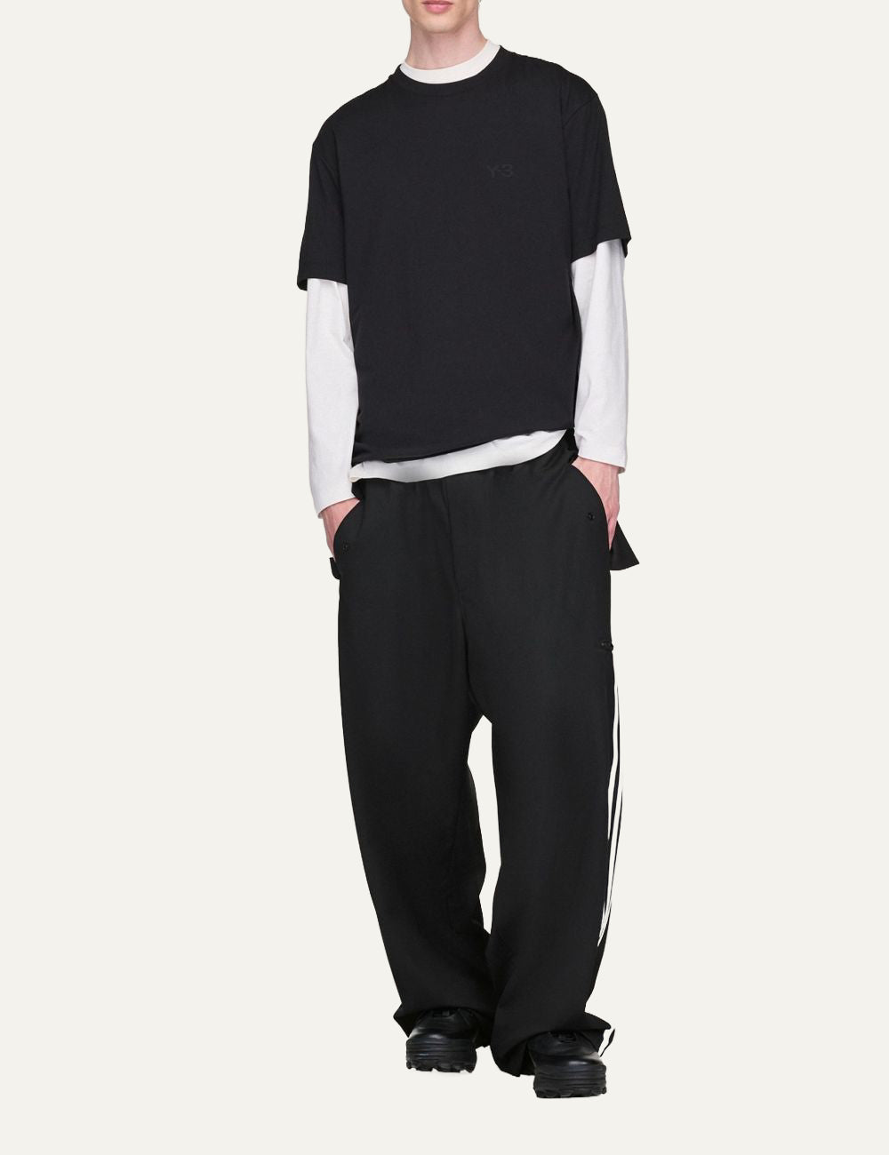 Y-3 black t-shirt layered styling full body