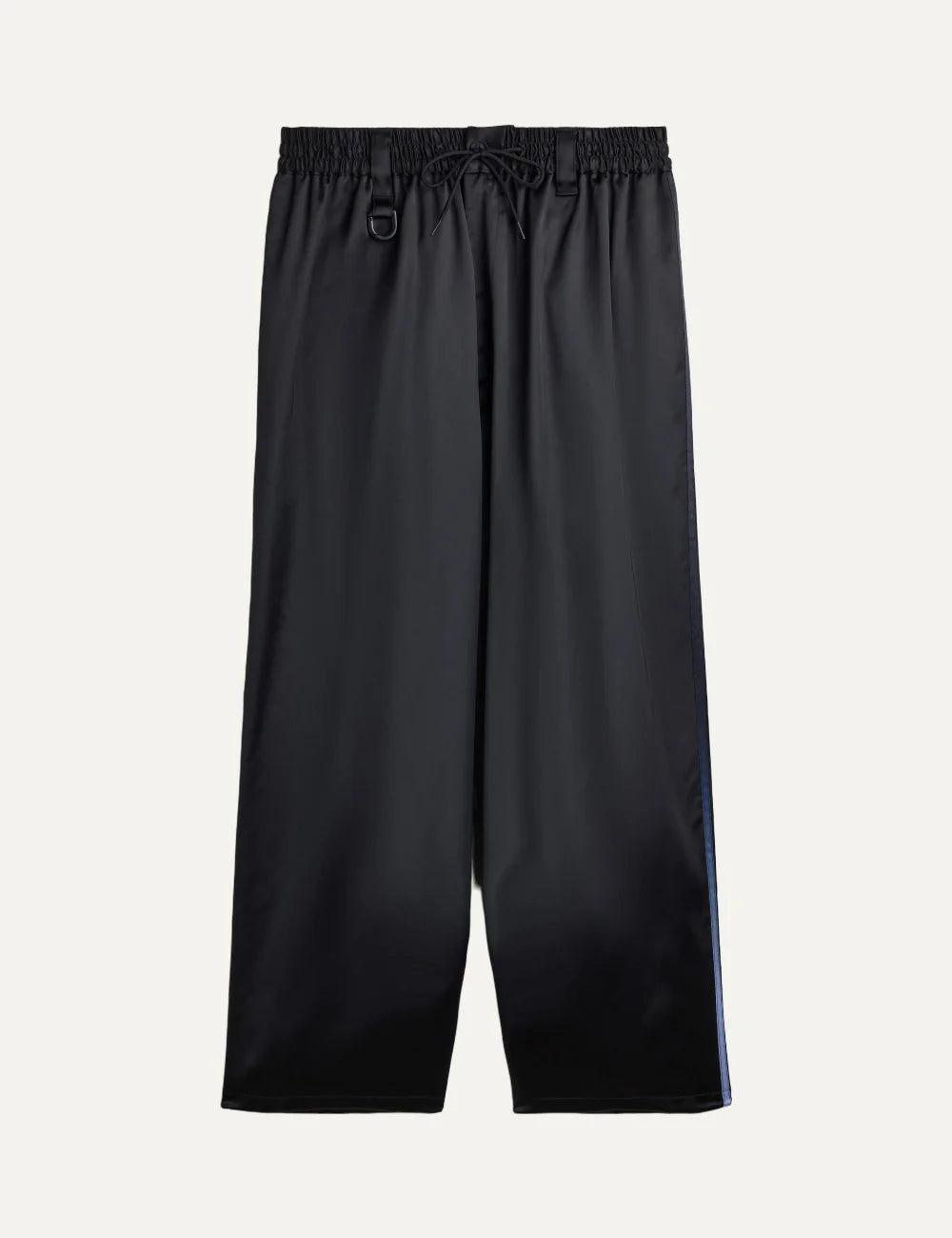 Y-3 men's black satin loose fit pants with adidas three stripes