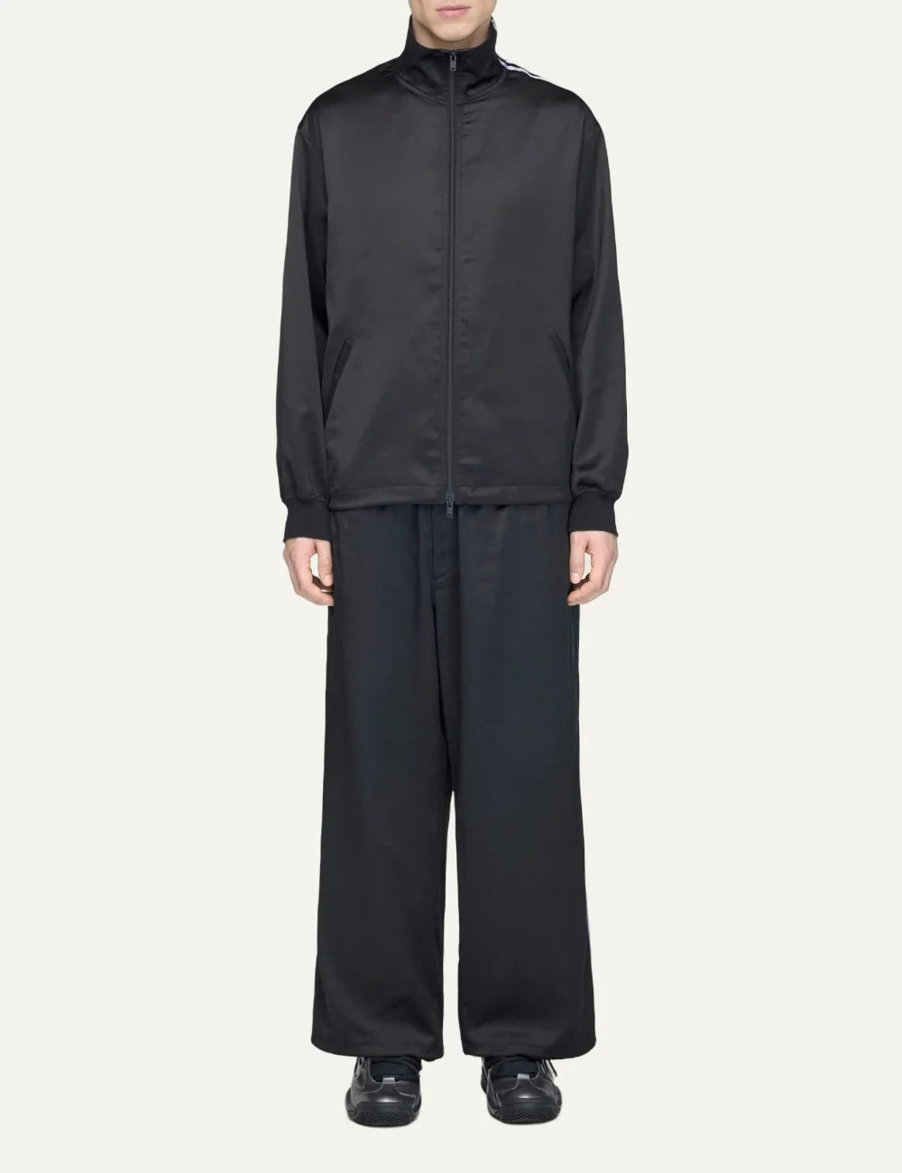 Y-3 men's black satin loose fit pants with adidas three stripes full body