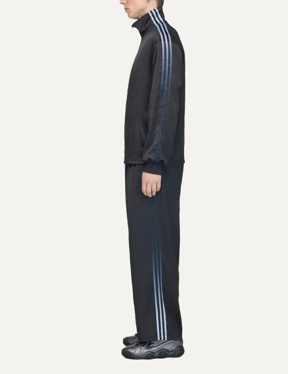 Y-3 men's black satin loose fit pants with adidas three stripes side