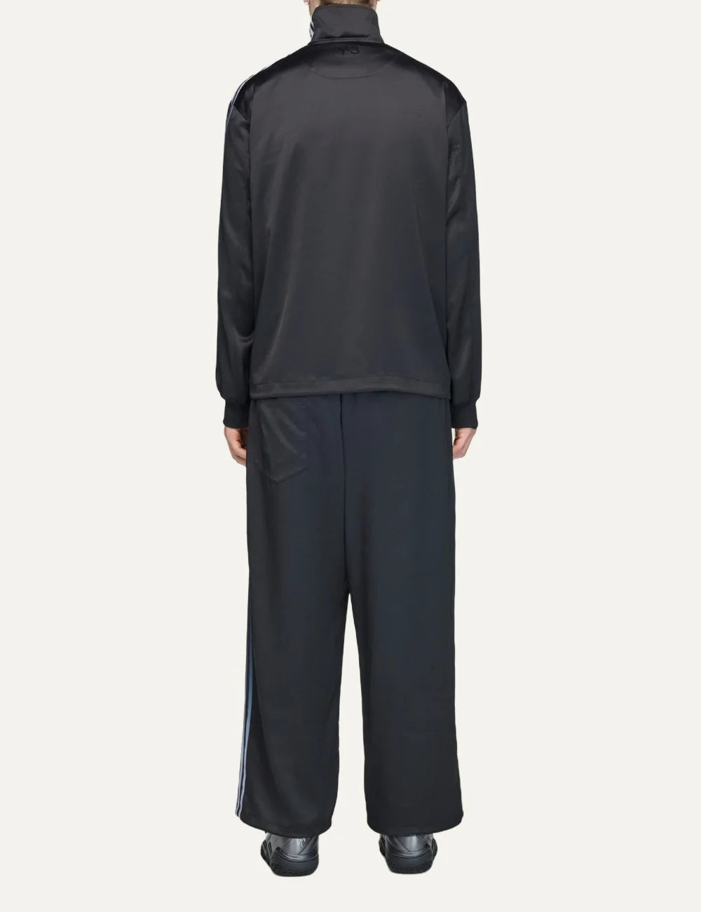 Y-3 men's black satin loose fit pants with adidas three stripes back