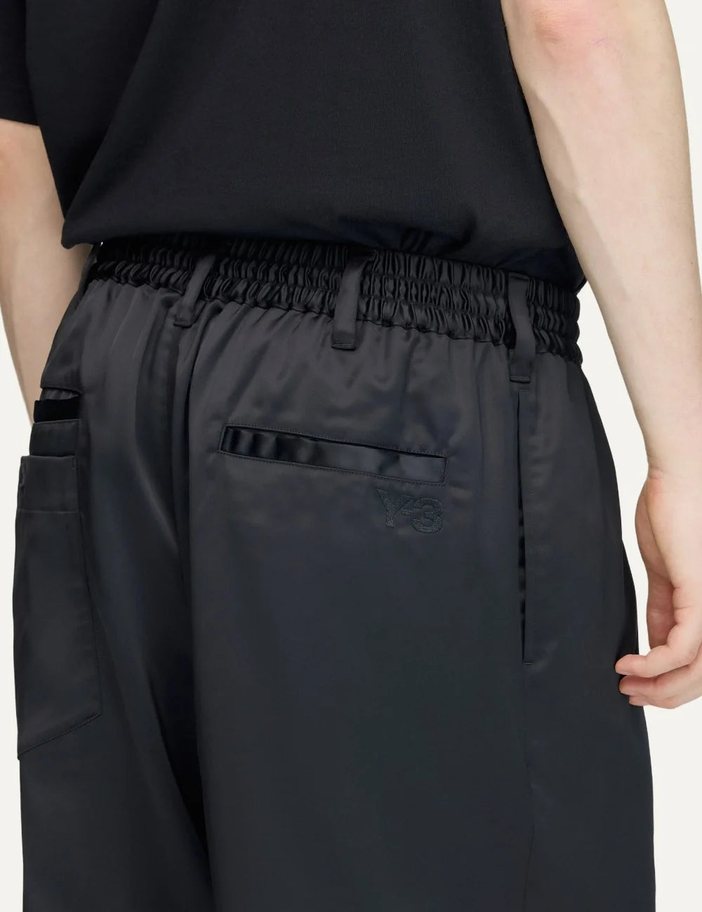 Y-3 men's black satin loose fit pants with adidas three stripes back detail