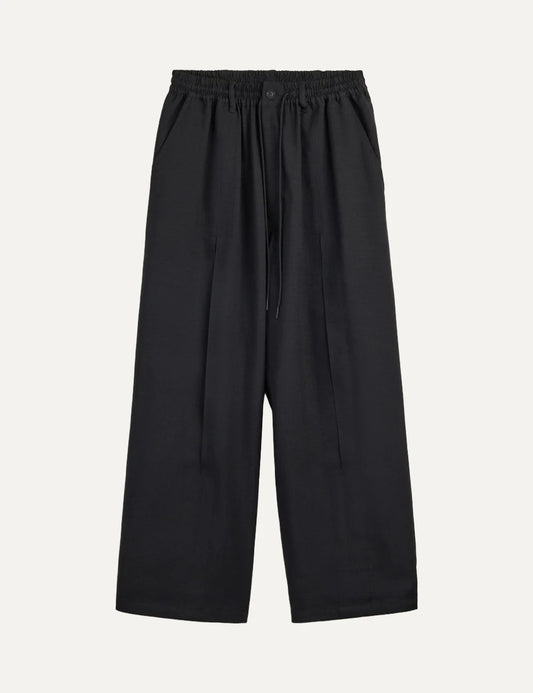 Y-3 men's black wide-leg twill pants with pleats and adjustable waist