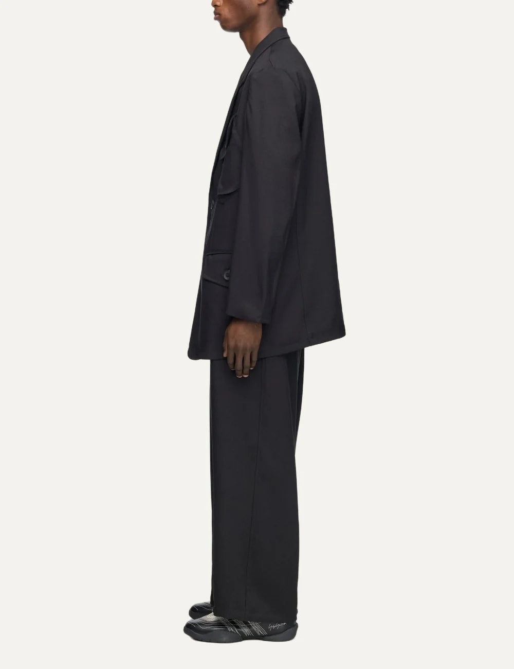 Y-3 men's black wide-leg twill pants with pleats and adjustable waist side