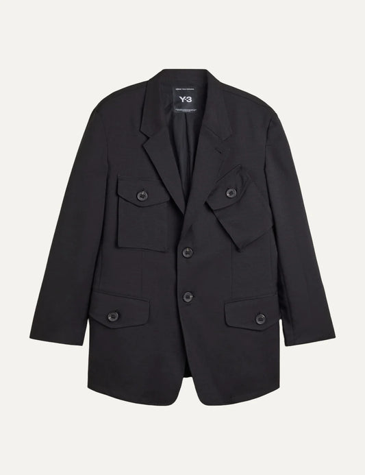Y-3 men's black recycled polyester twill blazer with utility pockets