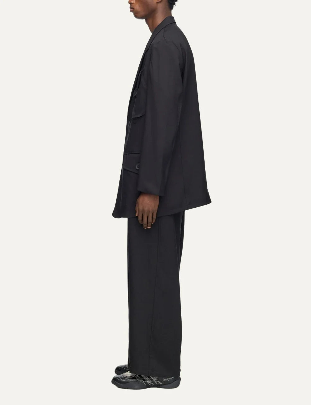 Y-3 men's black recycled polyester twill blazer with utility pockets side