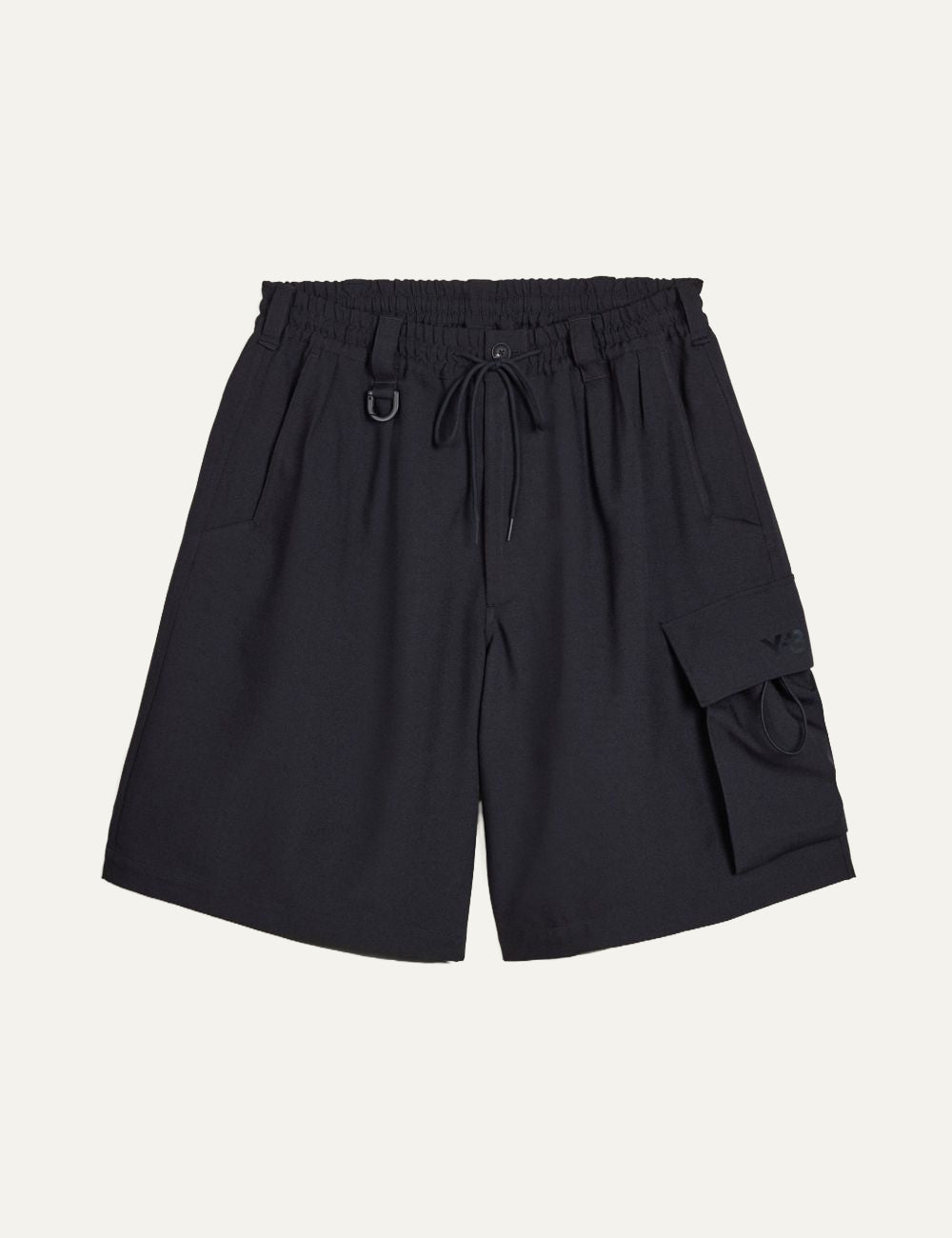 Y-3 cargo shorts black front view elastic waist