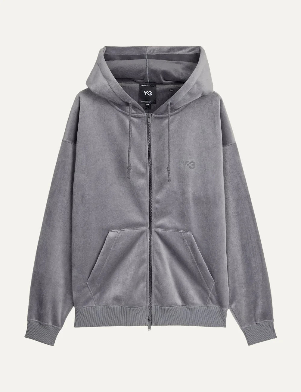 Y-3 men's grey velvet corduroy zip hoodie with tonal logo