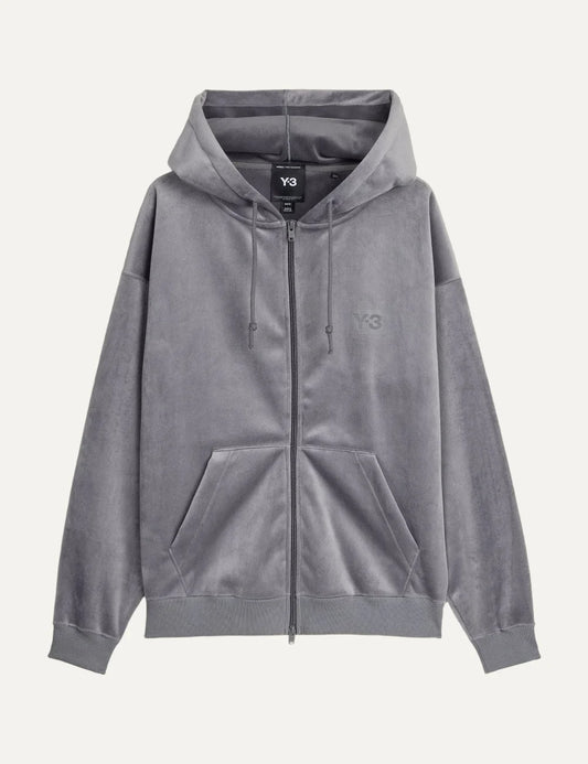Y-3 men's grey velvet corduroy zip hoodie with tonal logo