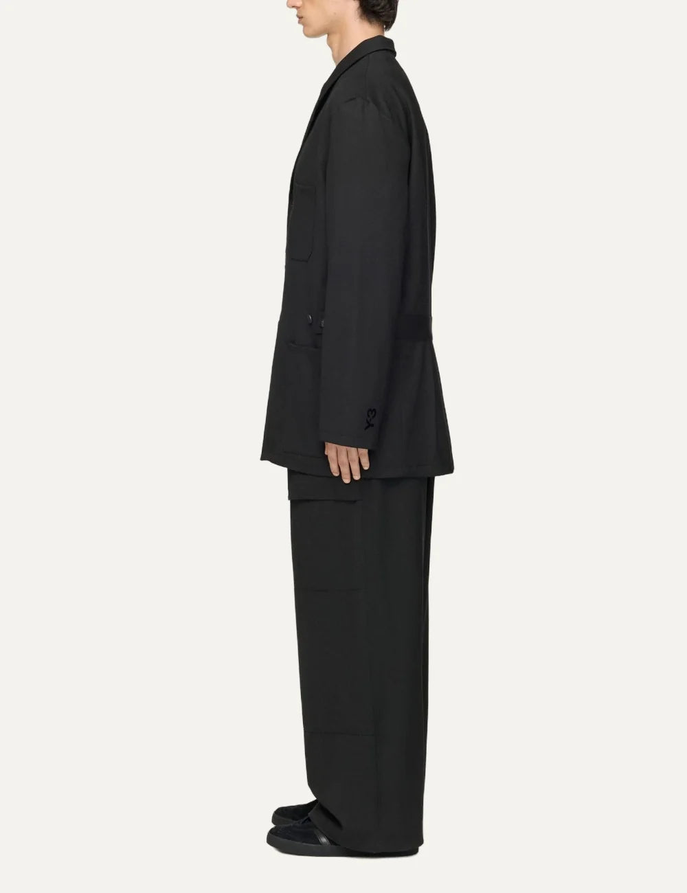 Y-3 men's black wool-blend twill blazer with patch pockets side