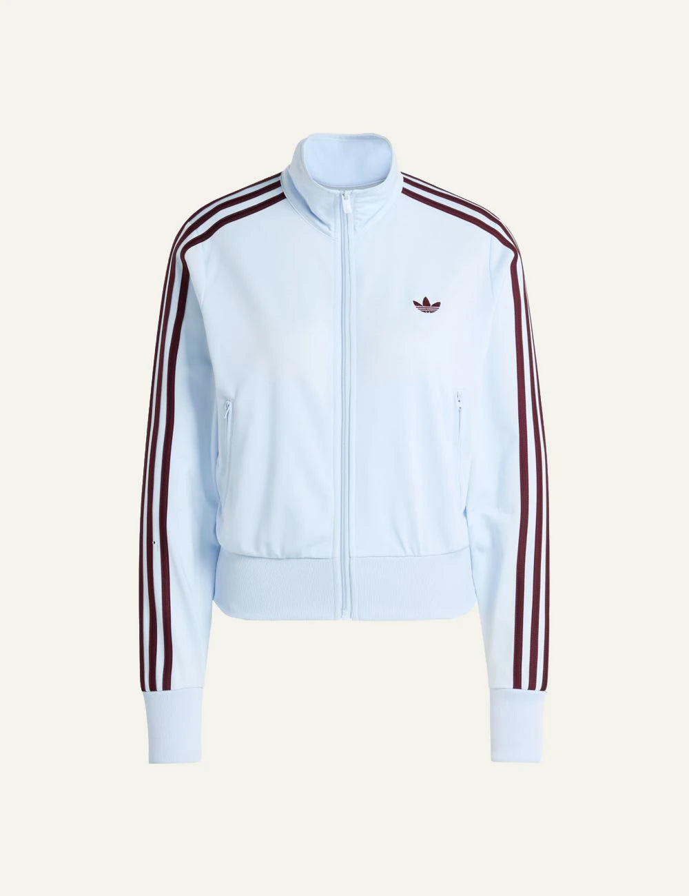 adidas firebird track jacket crystal sky maroon stripes front view