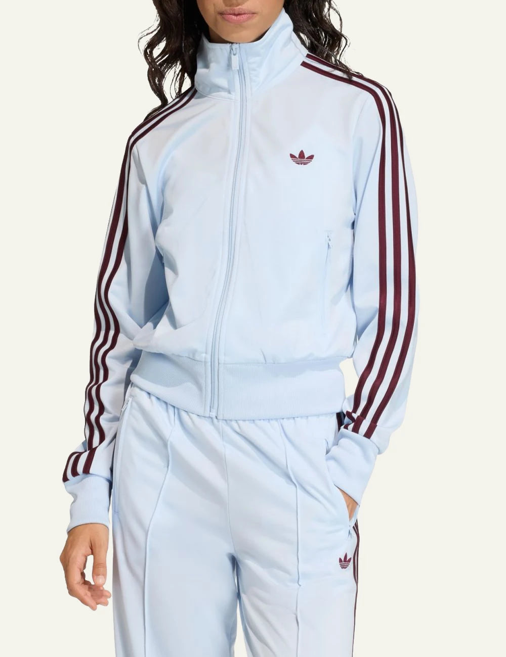 adidas firebird track jacket crystal sky maroon stripes front full body view