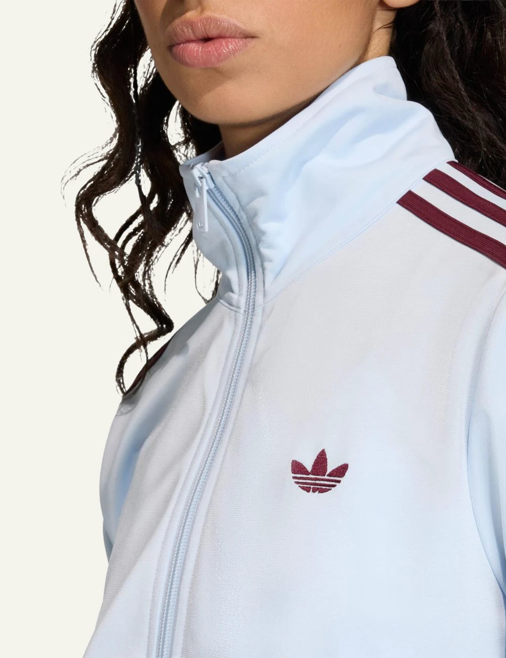 adidas firebird track jacket crystal sky maroon stripes logo view