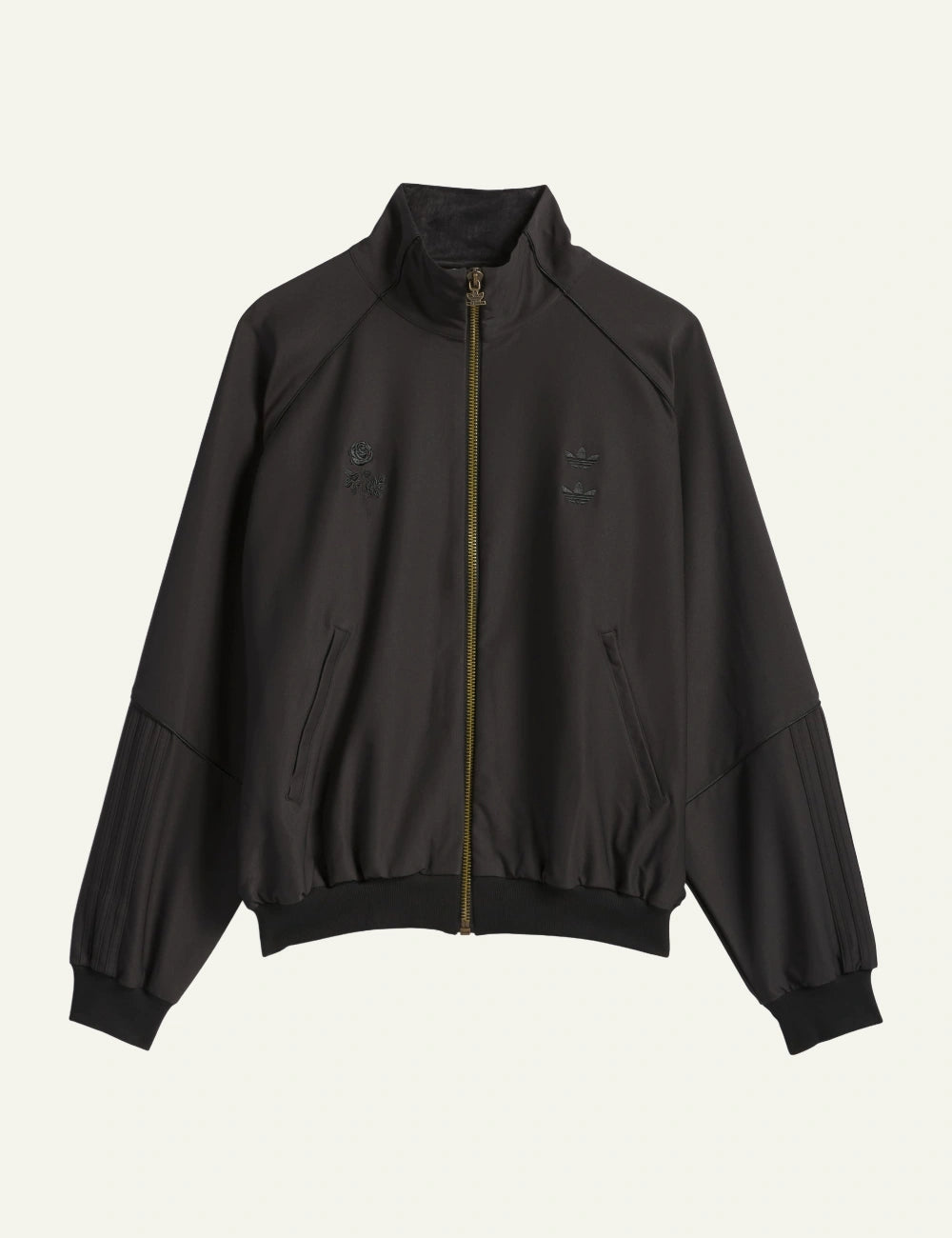 Adidas x Willy Chavarria black twill jacket flat lay με minimal embroidered details