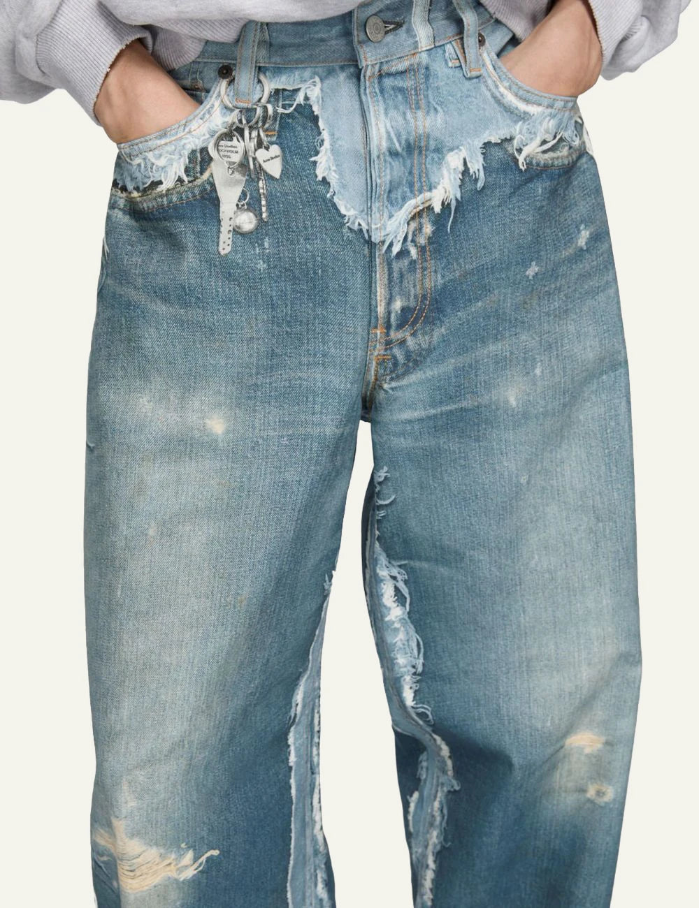 Acne Studios baggy jeans light blue trompe loeil distressed front detail view