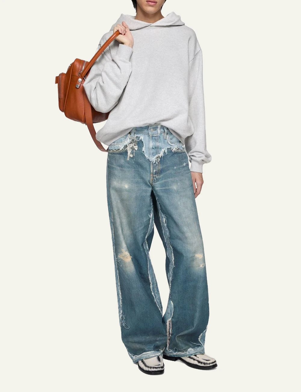 Acne Studios baggy jeans light blue trompe loeil distressed front full body view