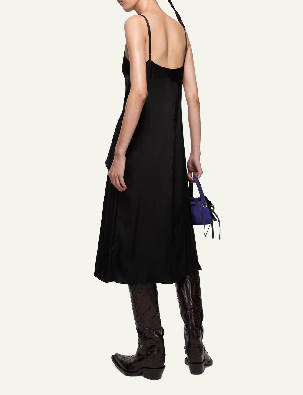 Acne Studios black slip dress with thin straps and fluid silhouette back model view