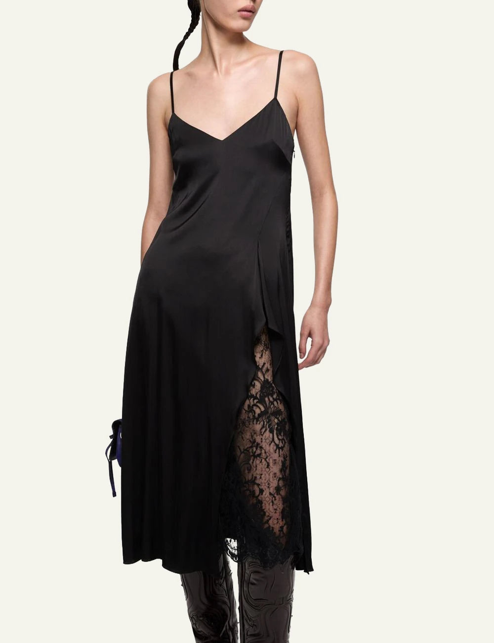 Acne Studios black slip dress with thin straps and fluid silhouette front model view