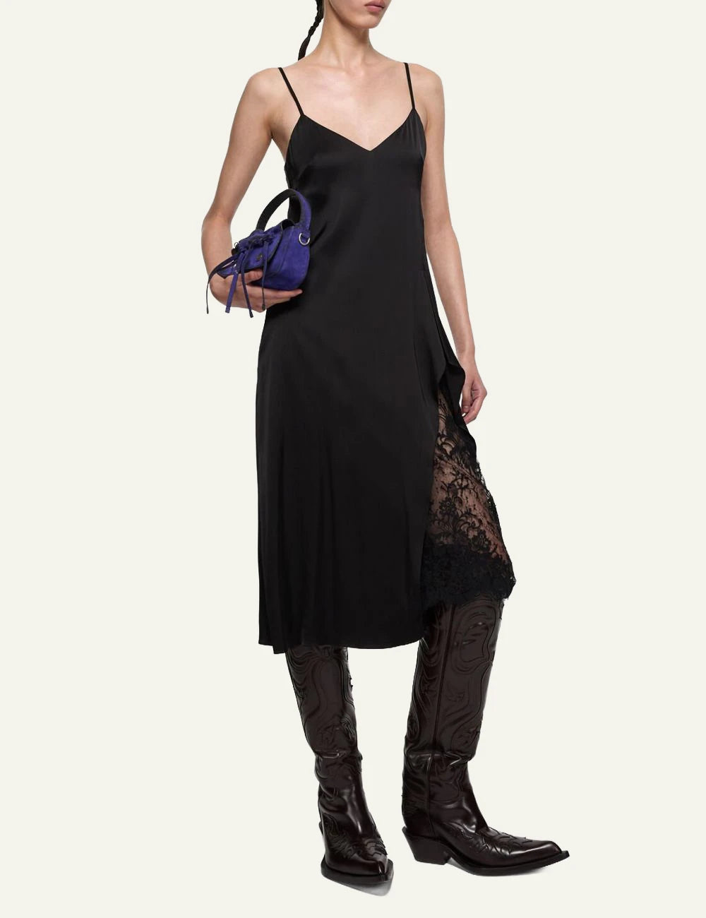 Acne Studios black slip dress with thin straps and fluid silhouette full body view