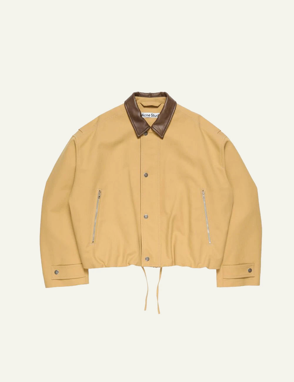 Acne Studios bomber jacket cotton satin beige leather collar front flat view