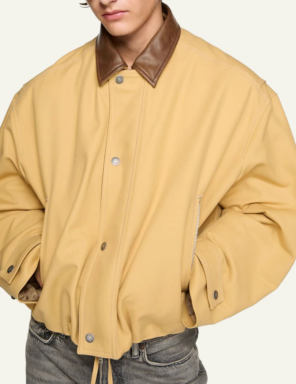 Acne Studios bomber jacket cotton satin beige leather collar front model view