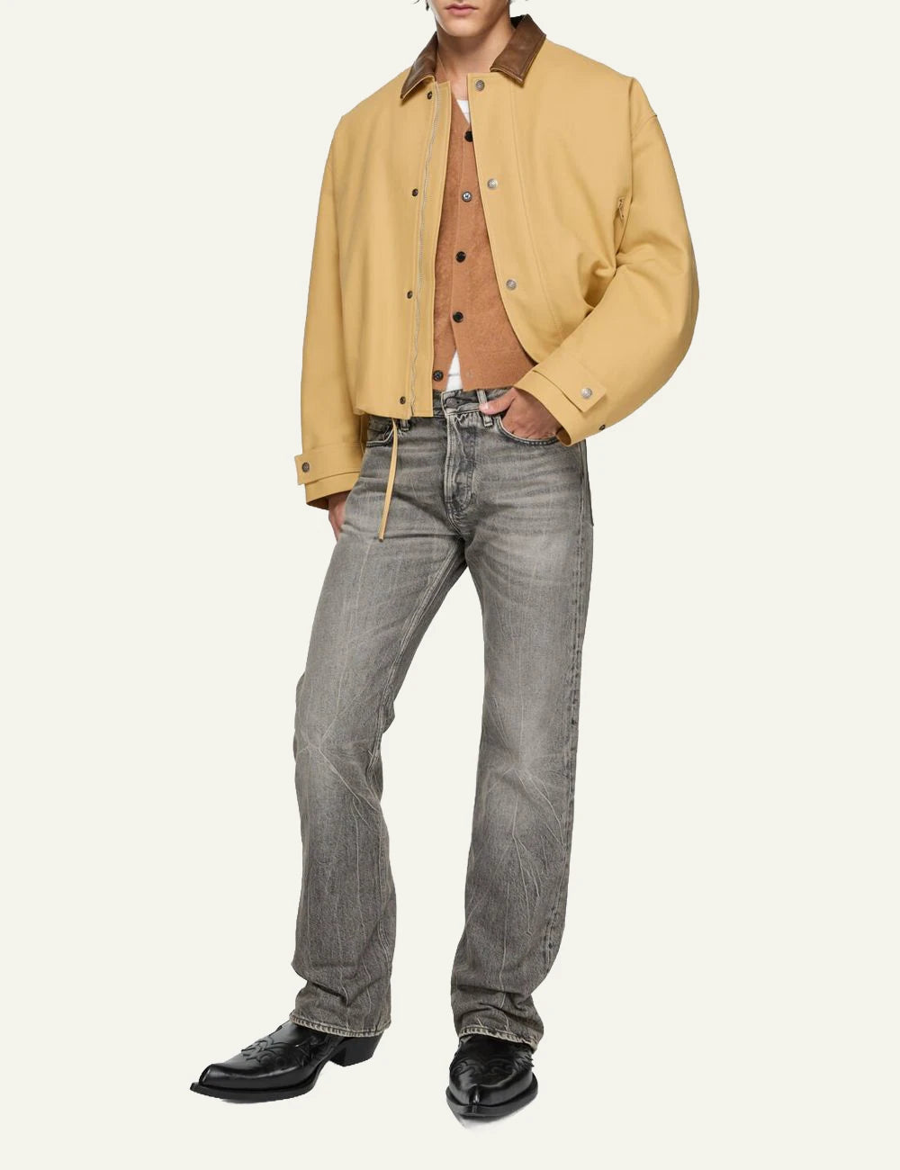 Acne Studios bomber jacket cotton satin beige leather collar front full body view
