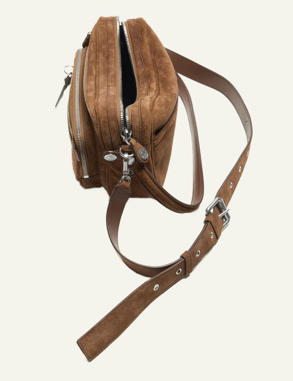 Acne Studios brown suede shoulder bag with multiple zip compartments and silver hardware top flat view