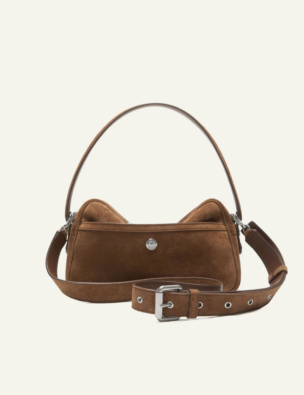 Acne Studios brown suede shoulder bag with multiple zip compartments and silver hardware back flat view