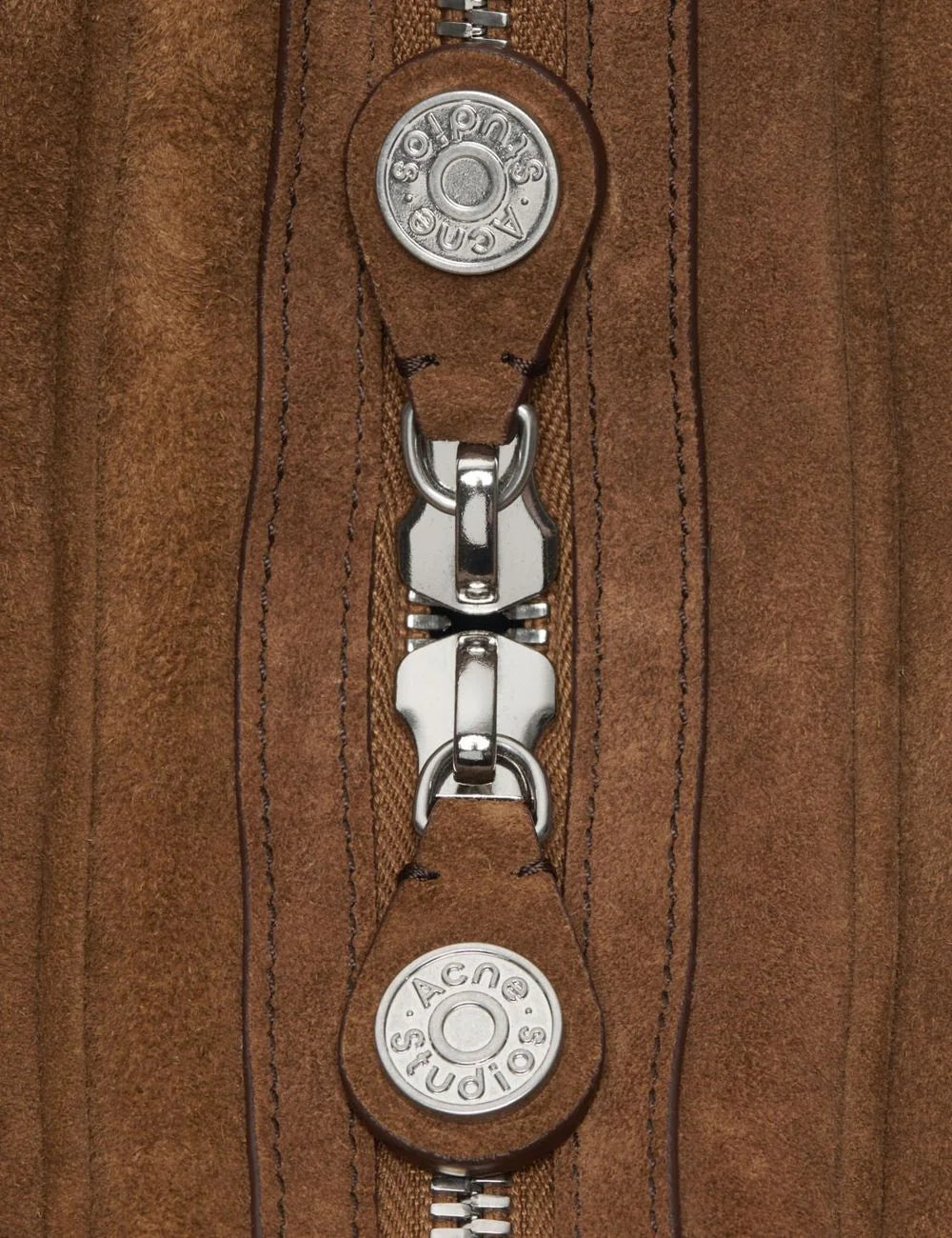 Acne Studios brown suede shoulder bag with multiple zip compartments and silver hardware detail view