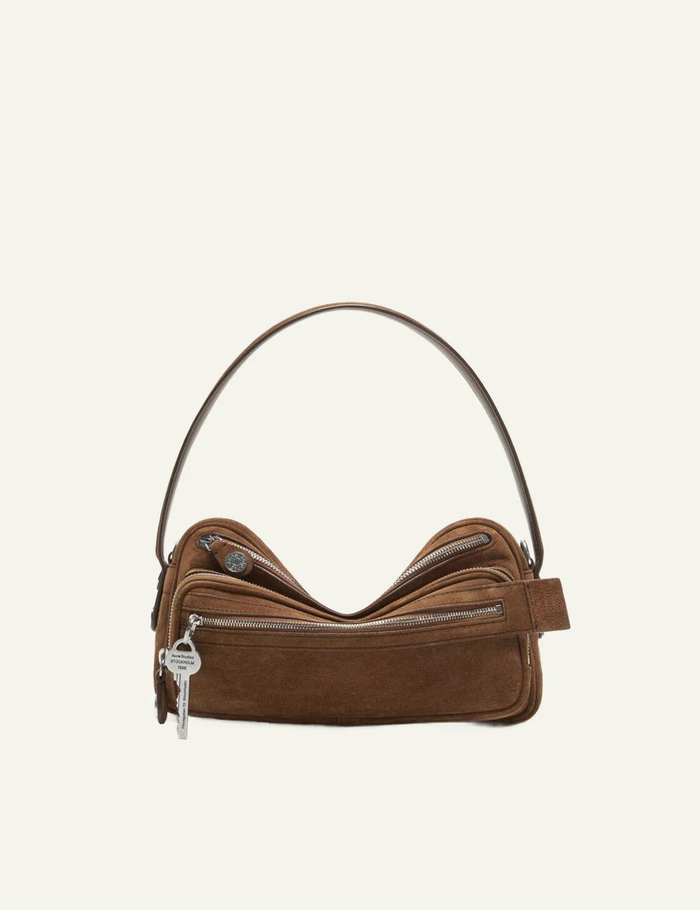 Acne Studios brown suede shoulder bag with multiple zip compartments and silver hardware front flat view