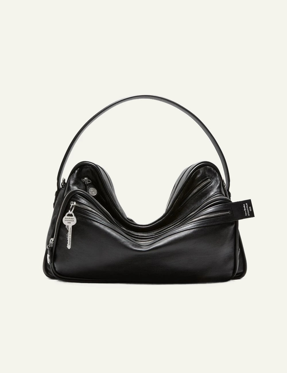 Acne Studios Camero Camera black leather bag me silver hardware front view