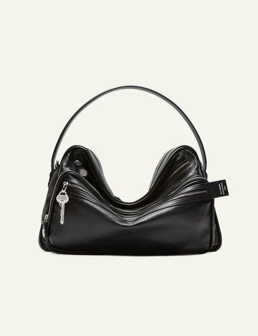 Acne Studios Camero Camera black leather bag me silver hardware front view