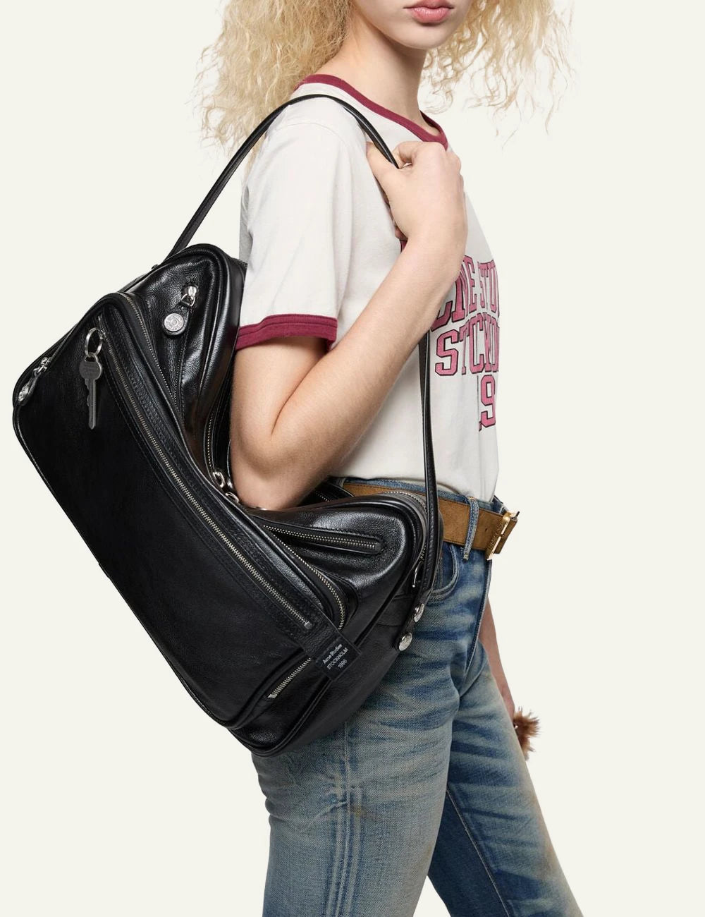 Acne Studios Camero Camera black leather bag me silver hardware front  model view
