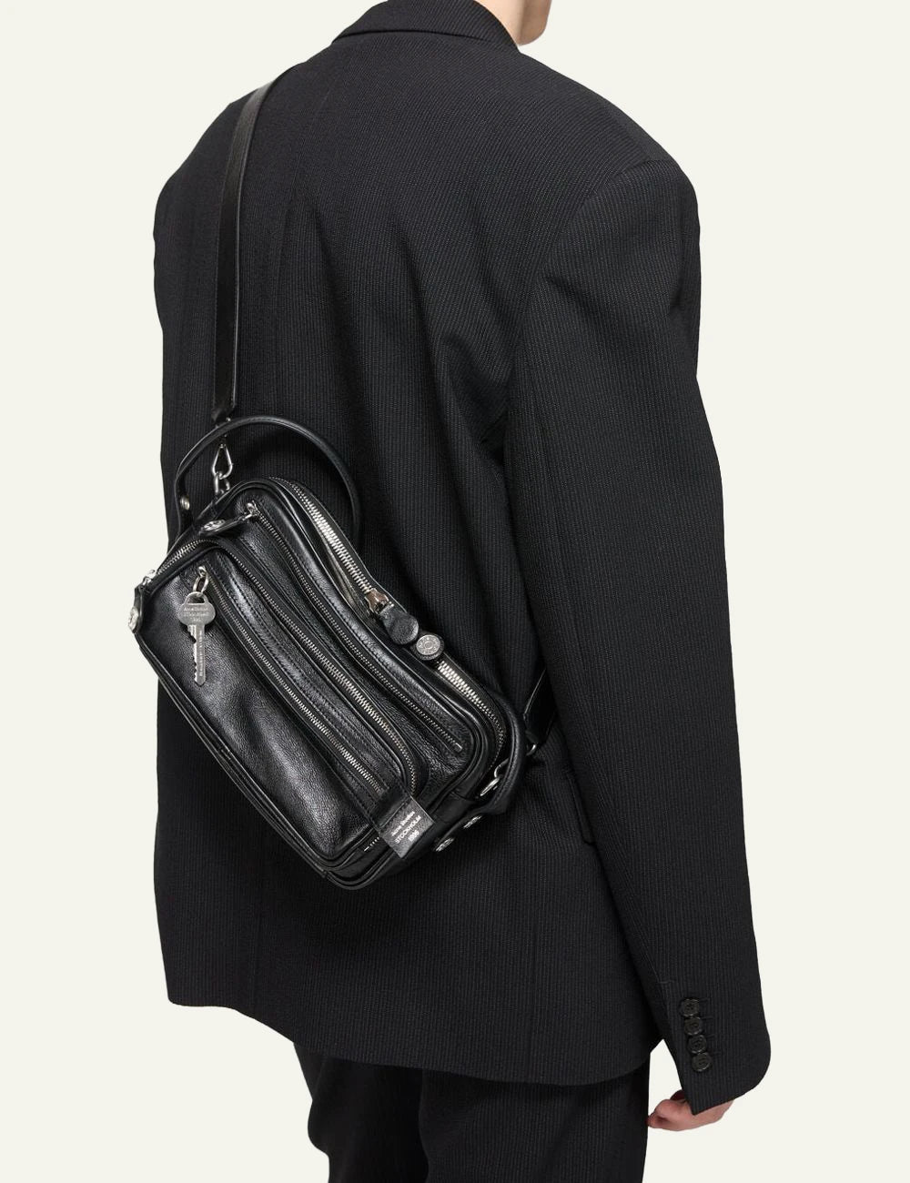 Acne Studios Camero Party black leather bag me silver details front model view