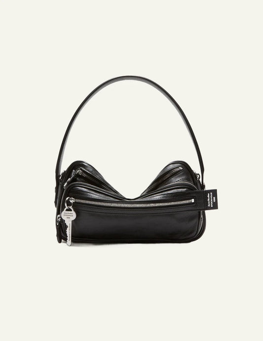 Acne Studios Camero Party black leather bag me silver details front view