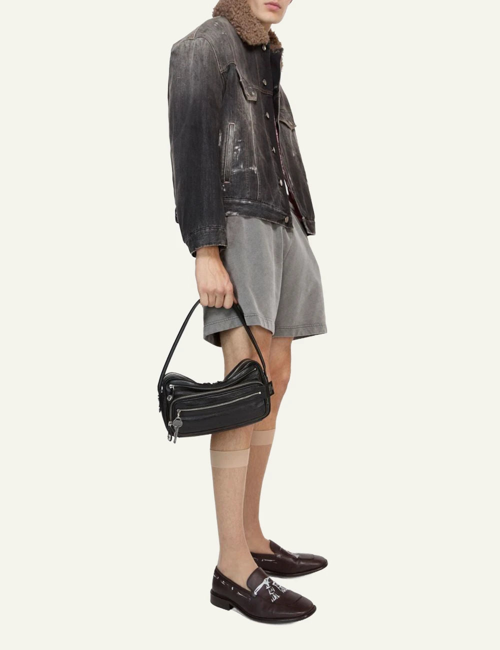 Acne Studios Camero Party black leather bag me silver details front full view