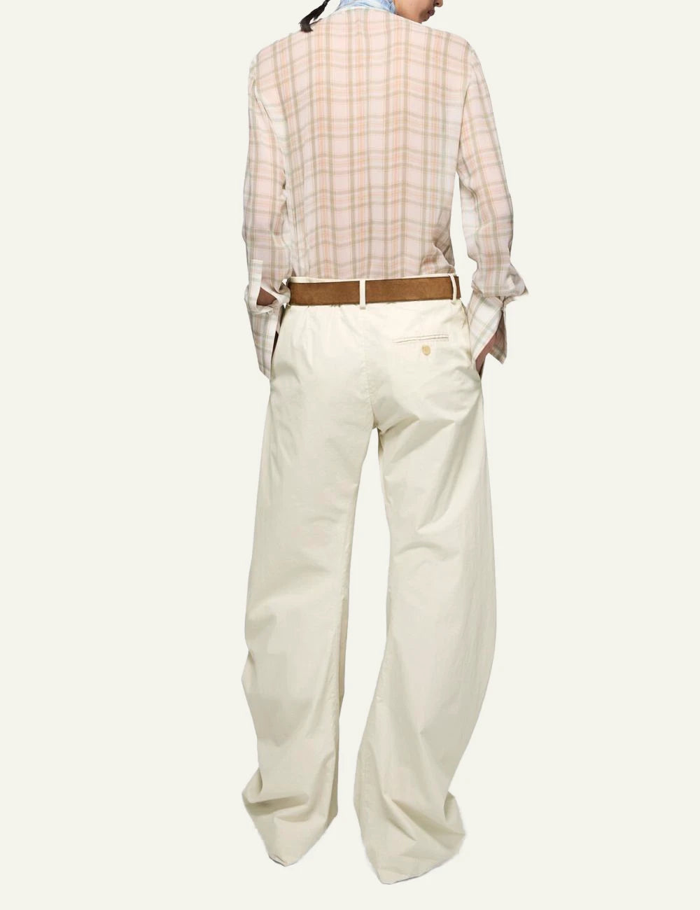 Acne Studios cream wide leg trousers in lightweight cotton back model view