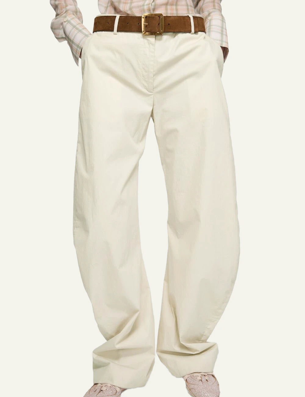 Acne Studios cream wide leg trousers in lightweight cotton front model view