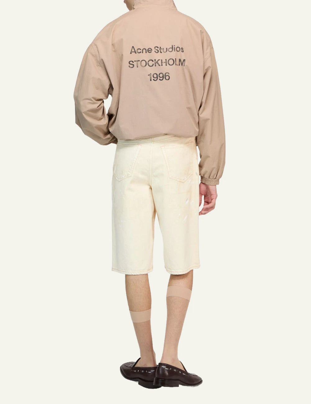 Acne Studios denim shorts ecru dirty wash loose fit below knee back view