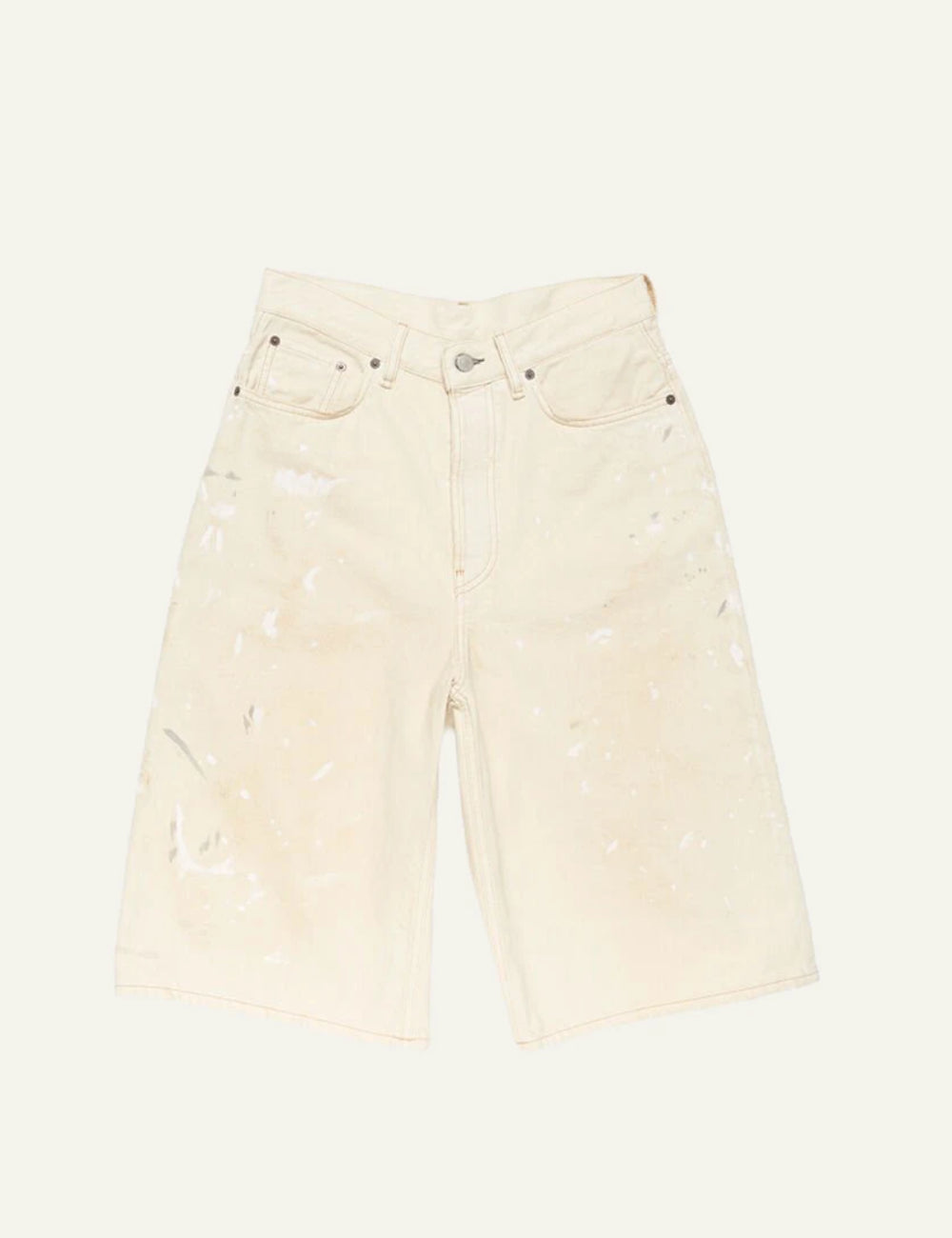 Acne Studios denim shorts ecru dirty wash loose fit below knee front flat view