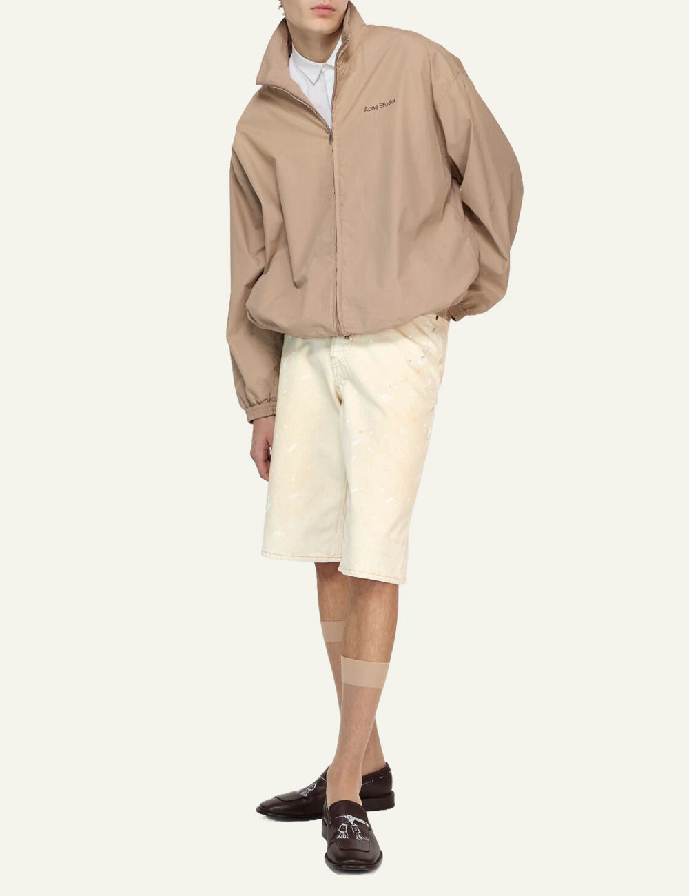 Acne Studios denim shorts ecru dirty wash loose fit below knee front full body view