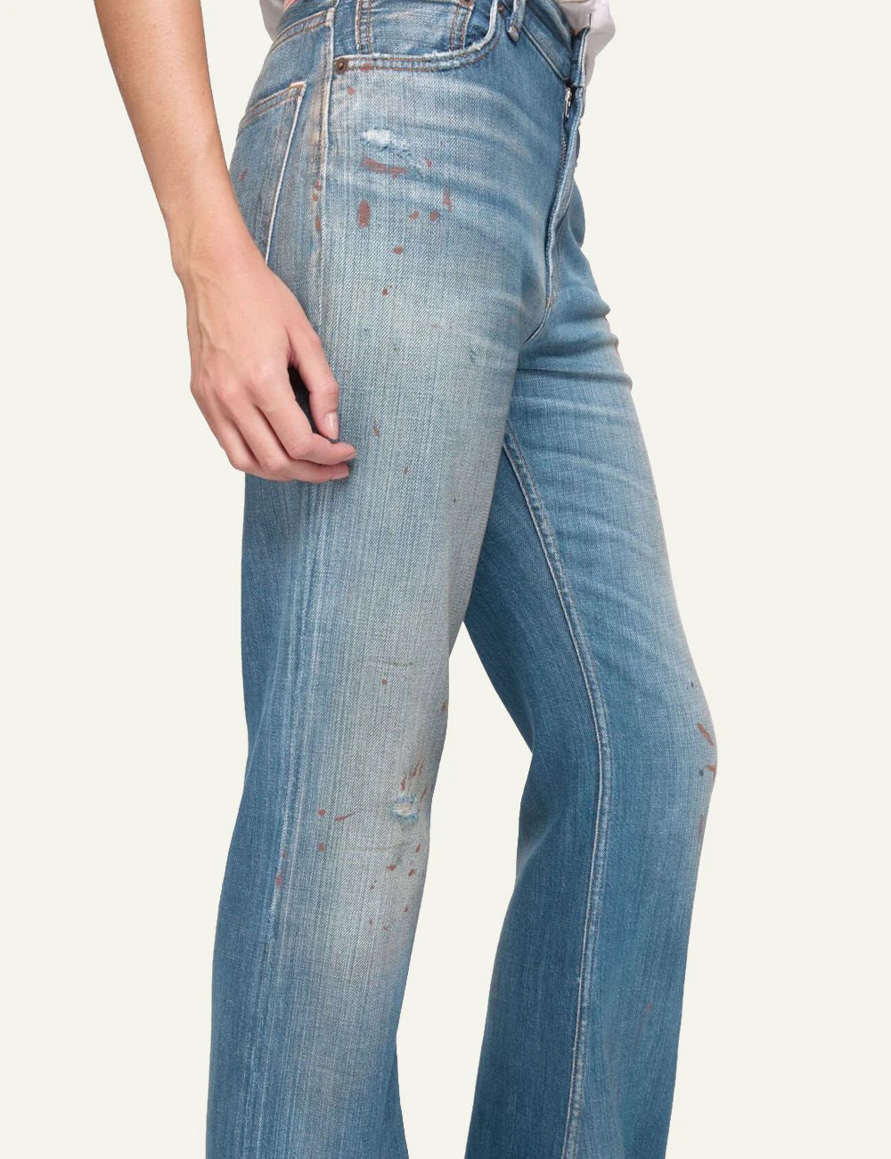 Acne Studios jeans blue vintage wash skinny bootcut paint marks distressed side view