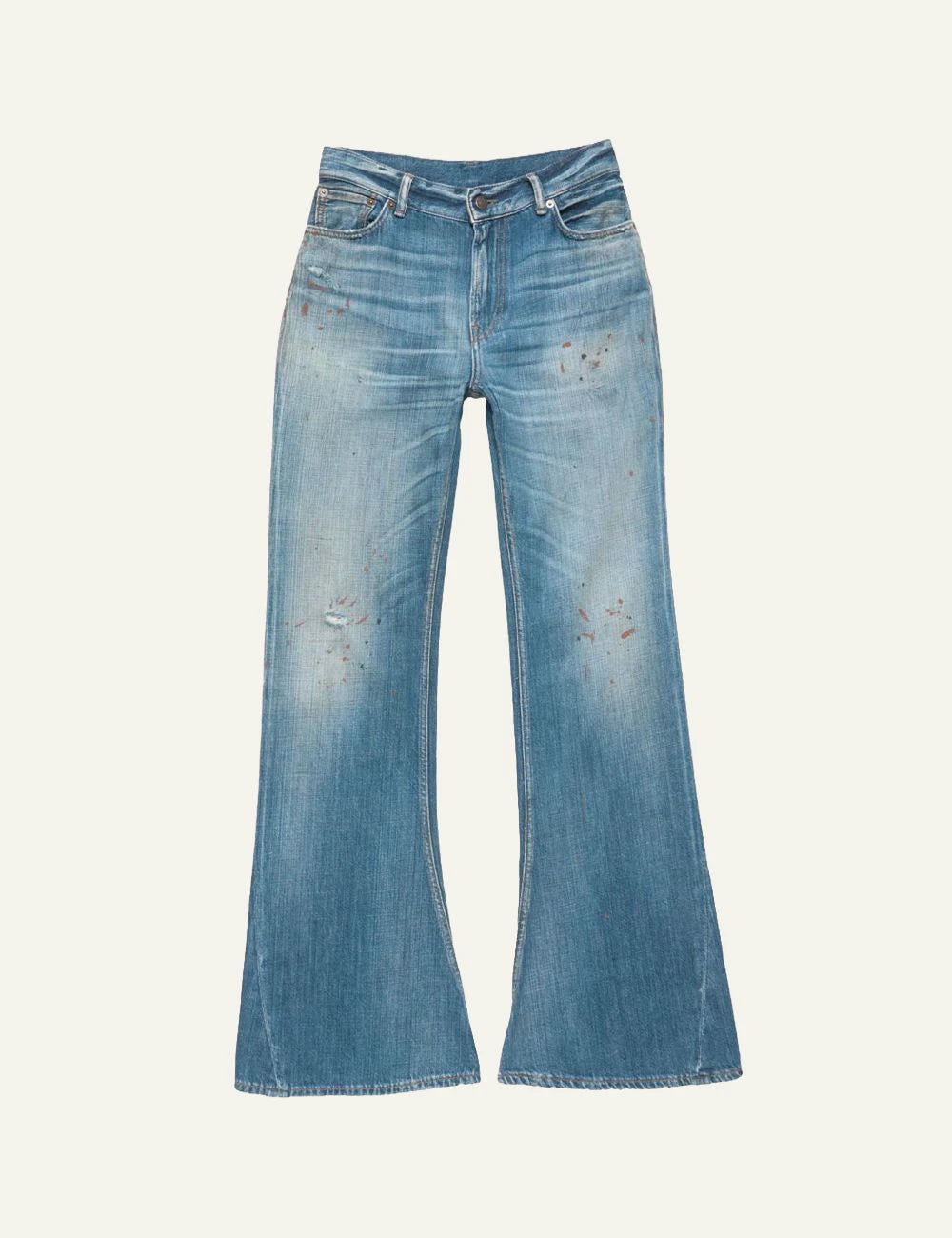 Acne Studios jeans blue vintage wash skinny bootcut paint marks distressed front flat view