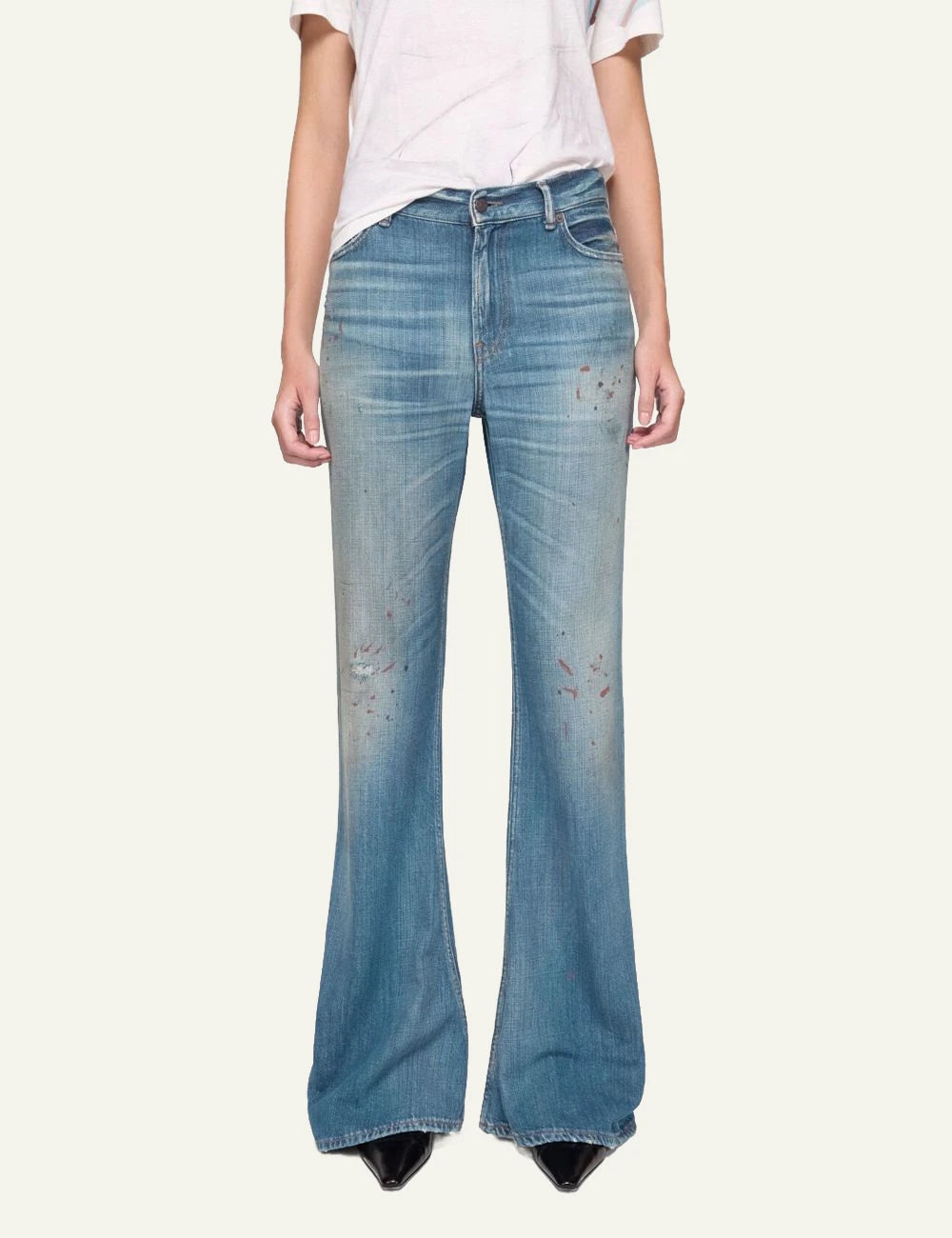 Acne Studios jeans blue vintage wash skinny bootcut paint marks distressed front model view