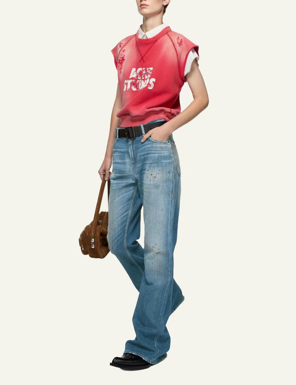 Acne Studios jeans blue vintage wash skinny bootcut paint marks distressed front full body view