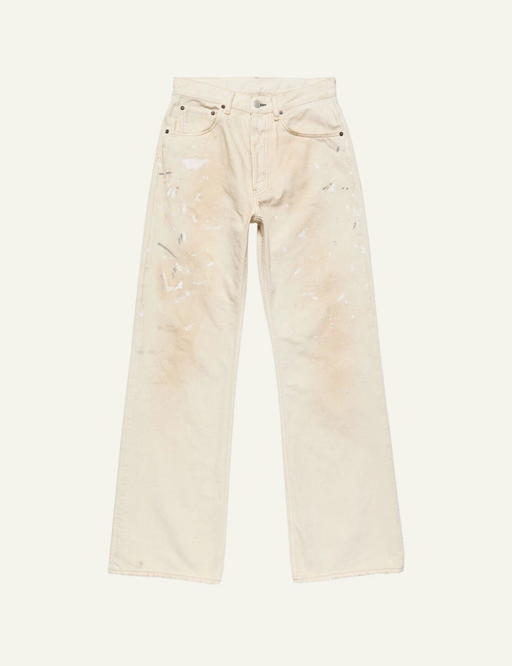 Acne Studios jeans ecru dirty wash wide straight leg paint marks front flat view