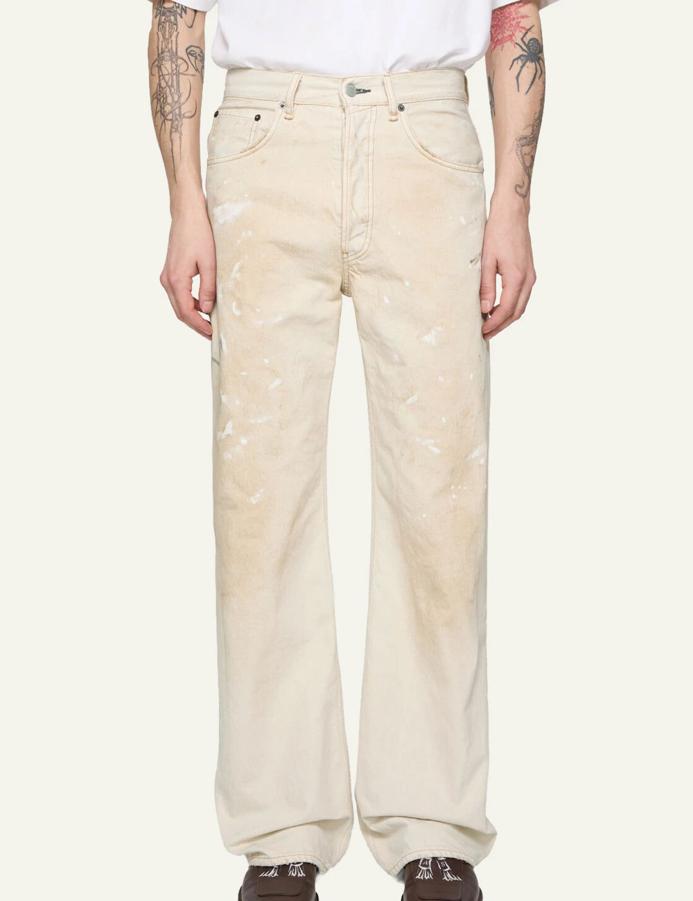 Acne Studios jeans ecru dirty wash wide straight leg paint marks front model view